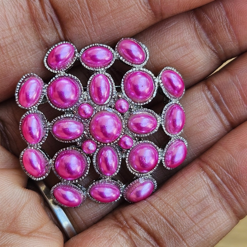 Vintage Silver Tone  Pink Clusters  Brooch‎ Pin Open Work 1.5"